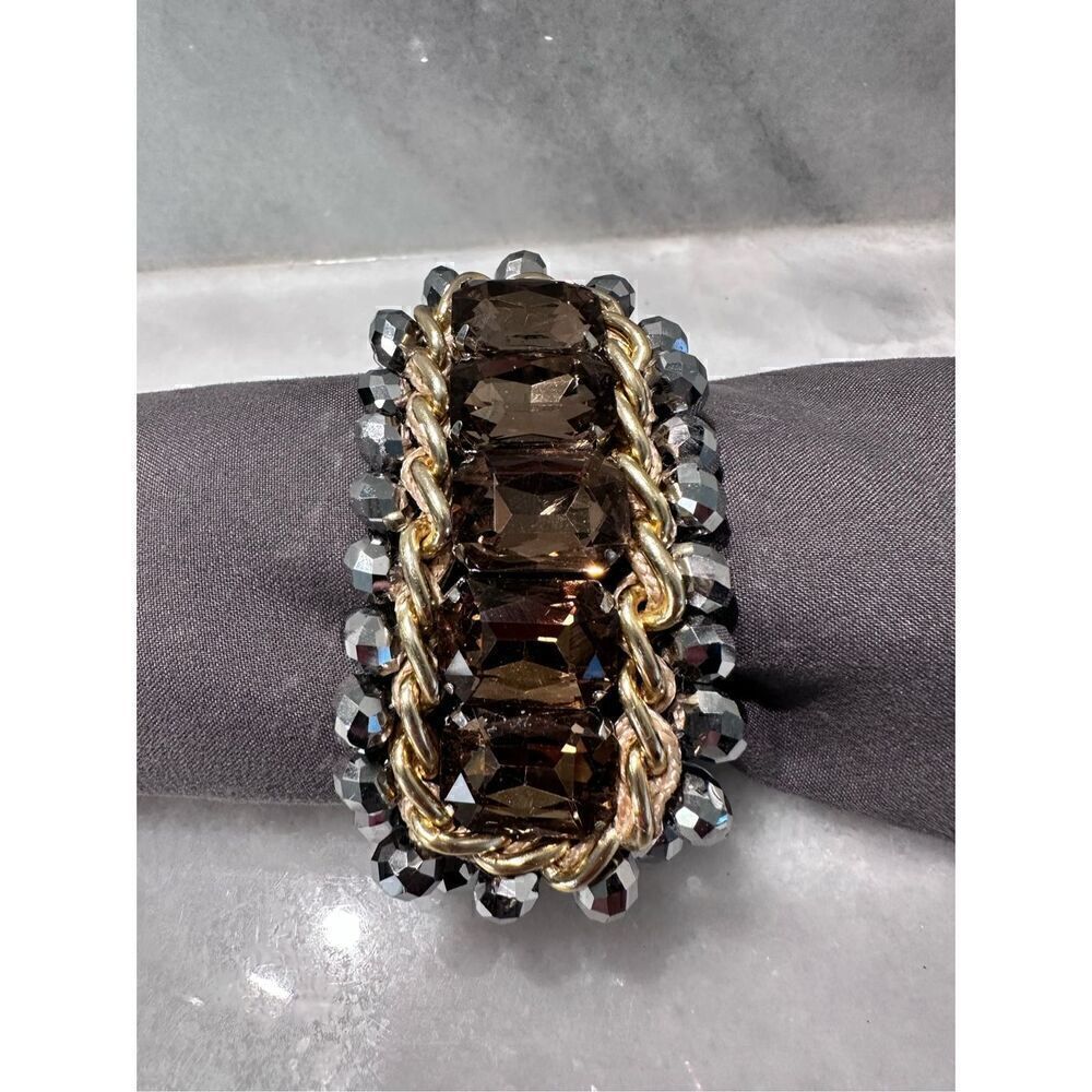 Womens Bold Crystal Rhinestones Amber Silver Elastic Cuff Bracelet